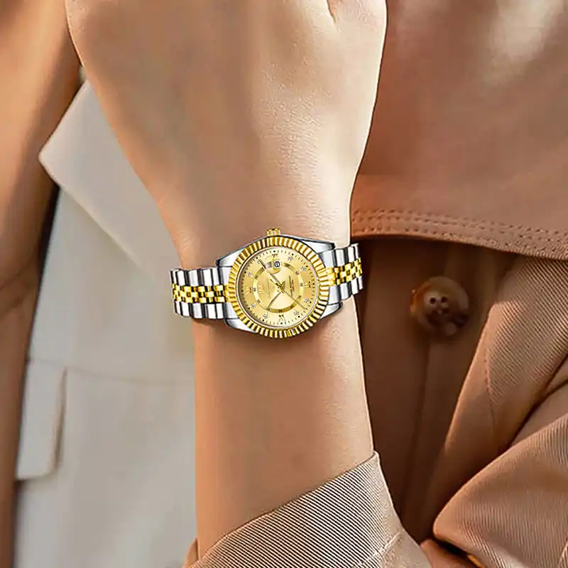 JONNY MOORE J1040 Fashion Luxury Steel Strip Quartz Watch with Diamond Inlaid Waterproof Calendar Diamond Watches for Women's