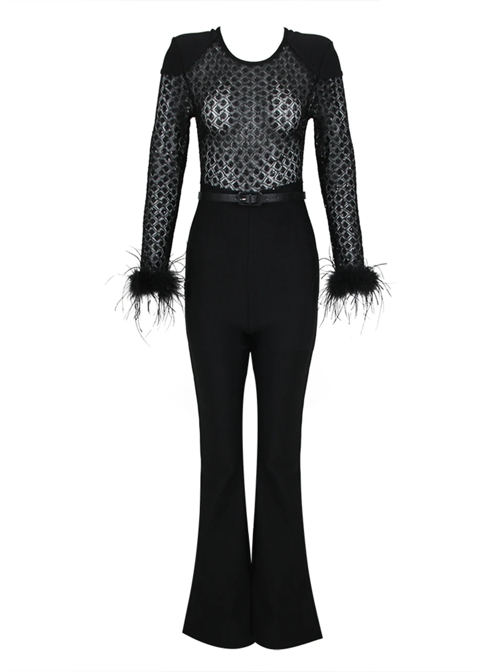 Modphy Elegant Black Jumpsuit For Women\'S Slim Fitting Sequin Feather Stitching Long Sleeved Sexy Bodycon Bandage Flare Jumpsuit