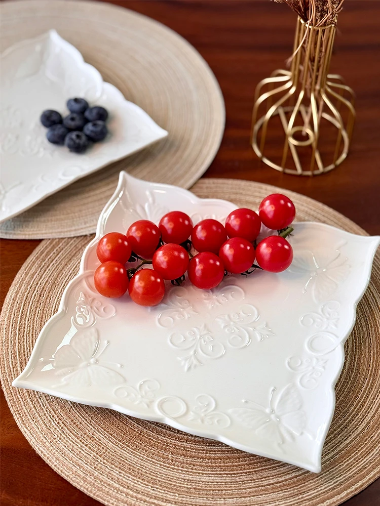 

4Pcs Ceramic New Butterfly 8/10 Inch, Square Plate Evening Plate, Elegant Embossed Butterfly Pattern - Household Kitchen Utensil