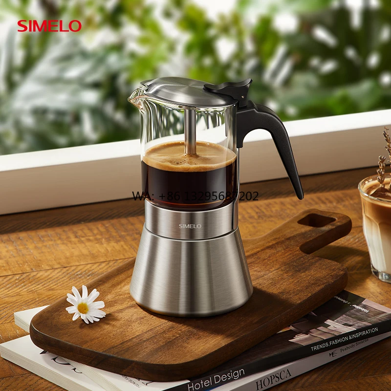 

SIMELO Visual Glass 304 мокко-горшок из нержавеющей стали 160 мл двойной клапан высокого давления кофейник для эспрессо мокко