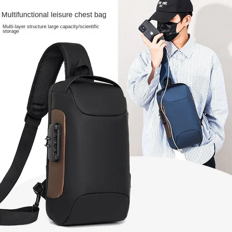 Sacos de ombro impermeáveis para homens, USB Crossbody, anti-roubo, viagem curta, saco de peito Messenger Sling