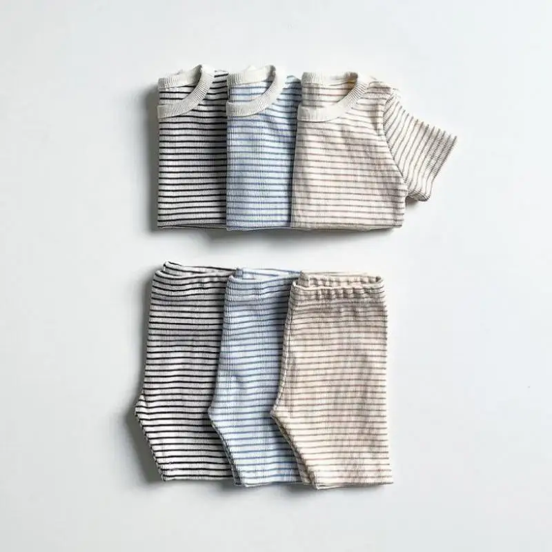 

2026 Summer New Baby Short Sleeve Clothes Set Boys Girls Striped T Shirts + Shorts 2pcs Suit Toddler Cotton Casual Outfits