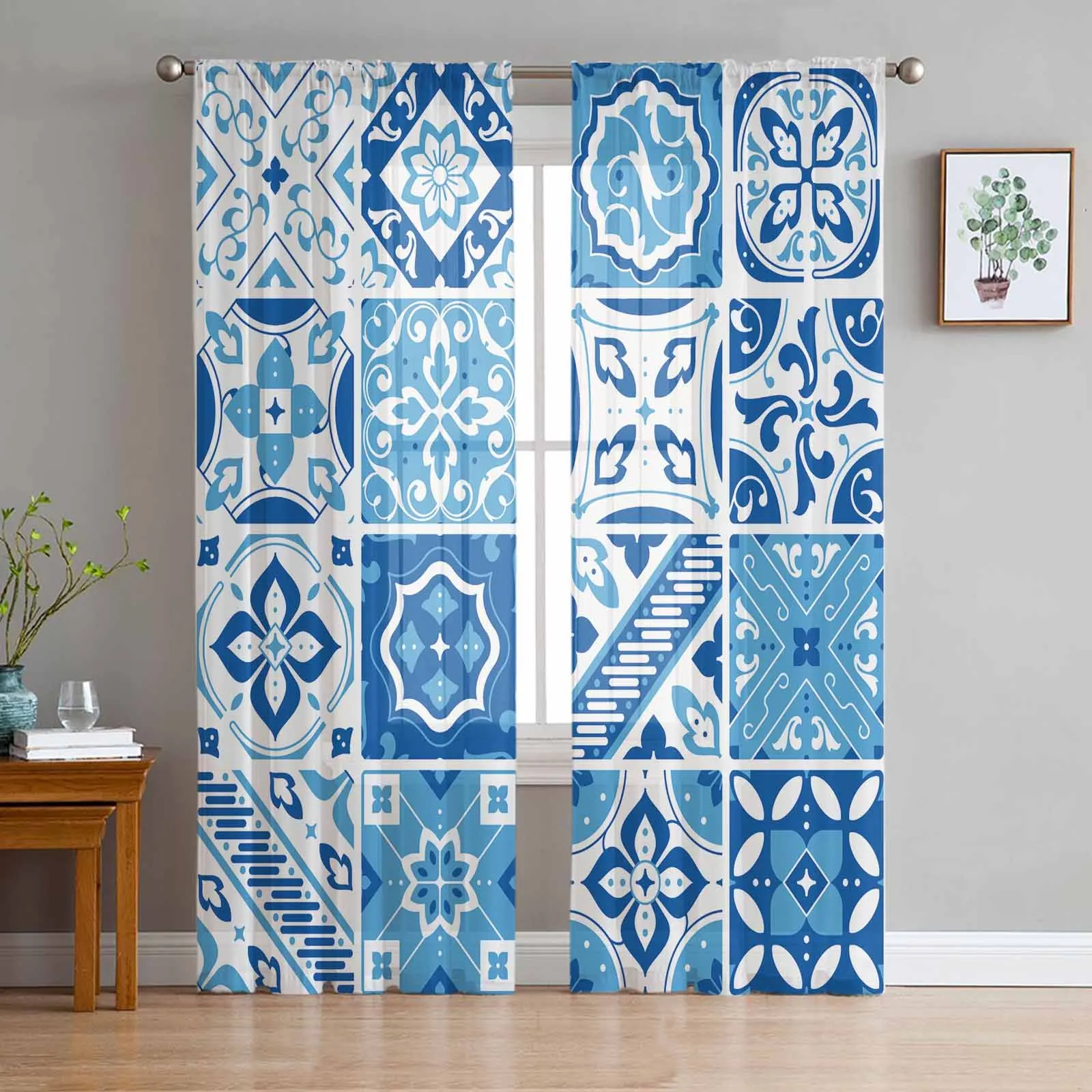 Ceramic Tiles Bohemian Floral Blue Sheer Curtains for Living Room Decoration Window Curtains Kitchen Tulle Voile Curtains