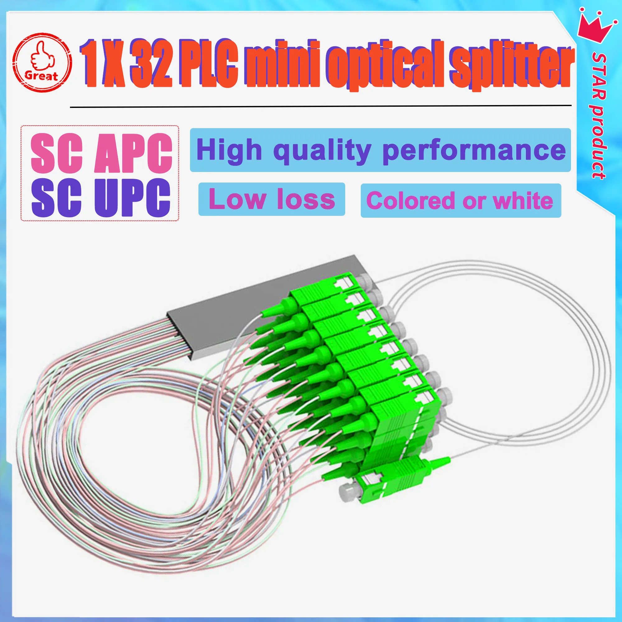 3/10pcs/Lot 1x32 PLC optical splitter SC/APC Fiber Optic Single Mode 0.9mm G657A1 LSZH 1m Color or white Fiber Optic Splitter