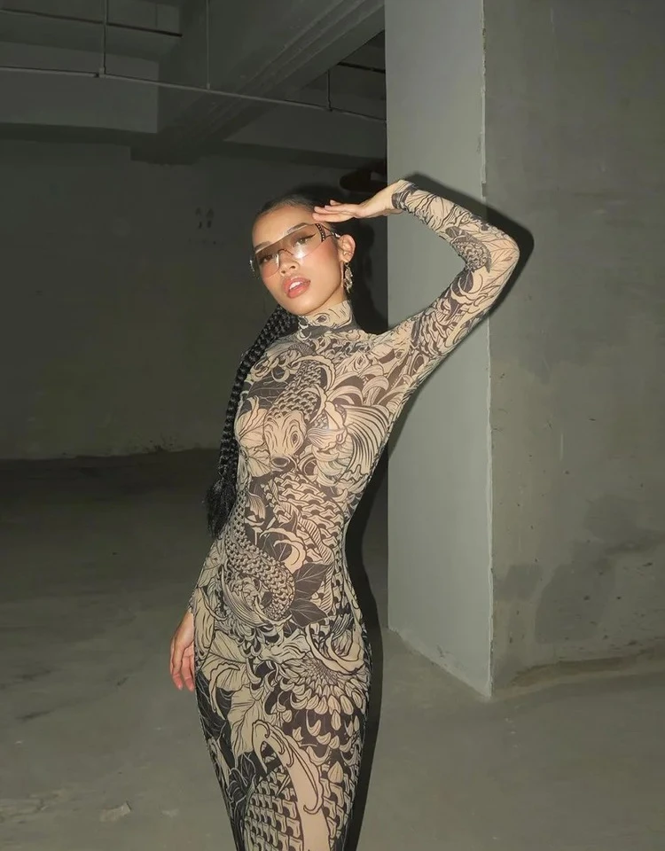 شبكة خمر طباعة فستان ماكسي المرأة مثير شير كم طويل الوقوف الرقبة رقيقة نحيل رداء الإناث الاتجاه الجديد حفلة Bodycon #5