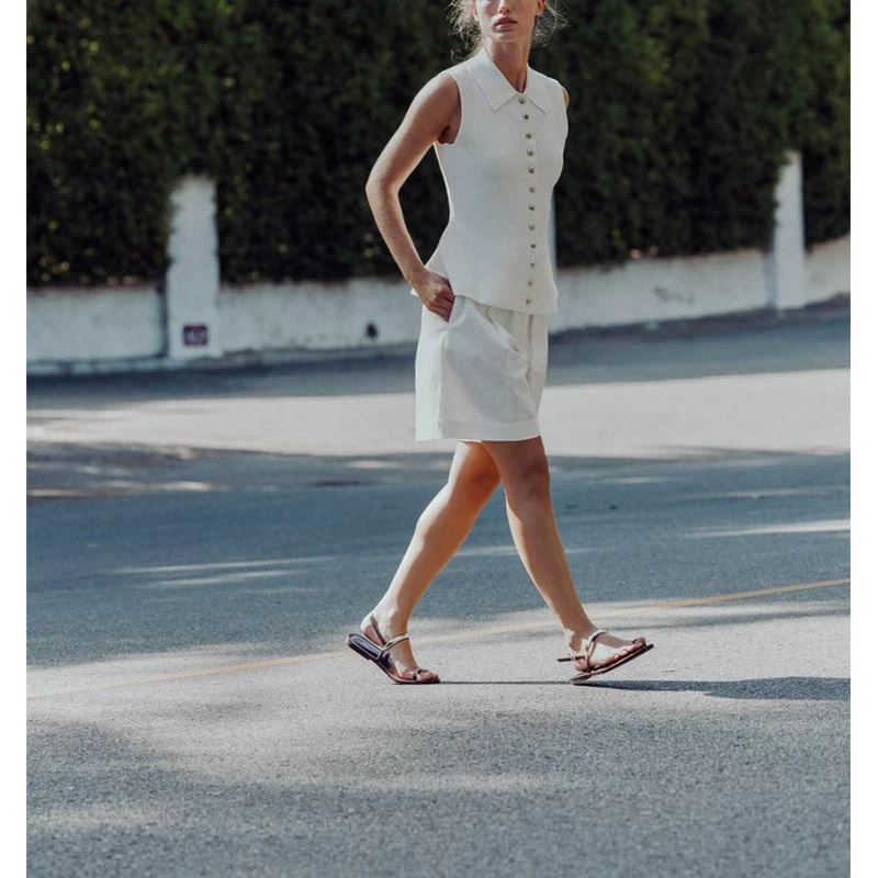 Novedad de verano, falda acampanada con cuello Svel para mujer, chaleco tejido, Top de fibra de poliéster 00% Color puro para ir al trabajo