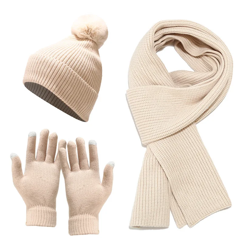 Winter Strick mütze Haarball Set reine bunte Schal Handschuhe dreiteiliges Set warm verdickt Set mit Samt Outdoor Fashion Quipme