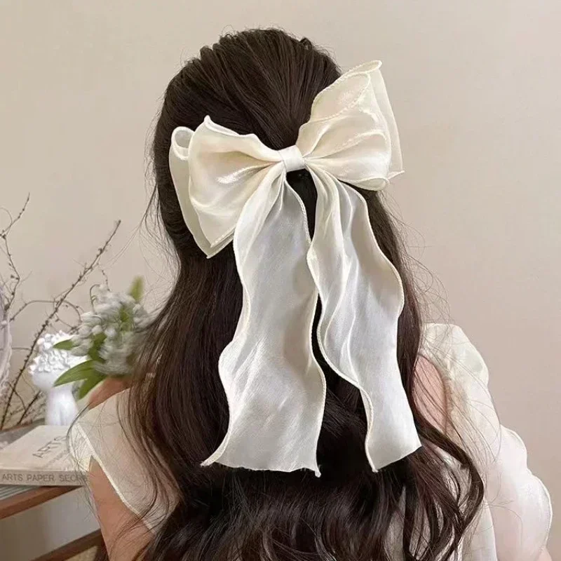 Chiffon Bow Hair Clips Girls Sweet Blue Shining Satin Bowknot Hair Clips Ribbon Bow Barrette Hairpin Grip Ponytail Clip Headwear