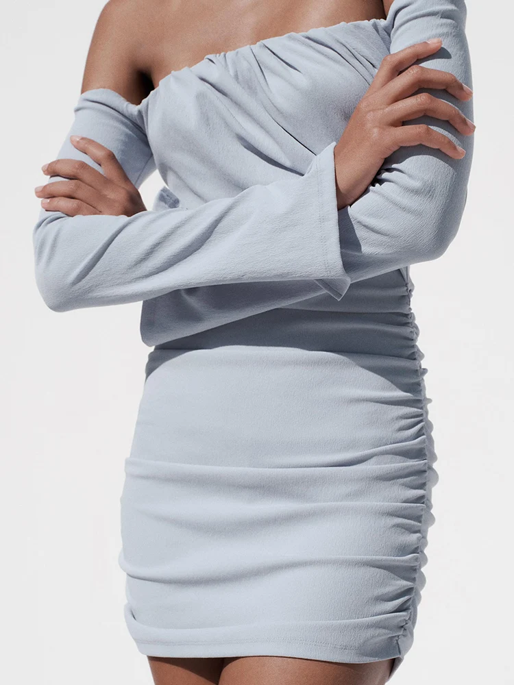 Summer New Arrival Women's Dr ZA2025 oulder Bared Straight Collar ort Gown High Waist Long Sve Pure Color Par Dr