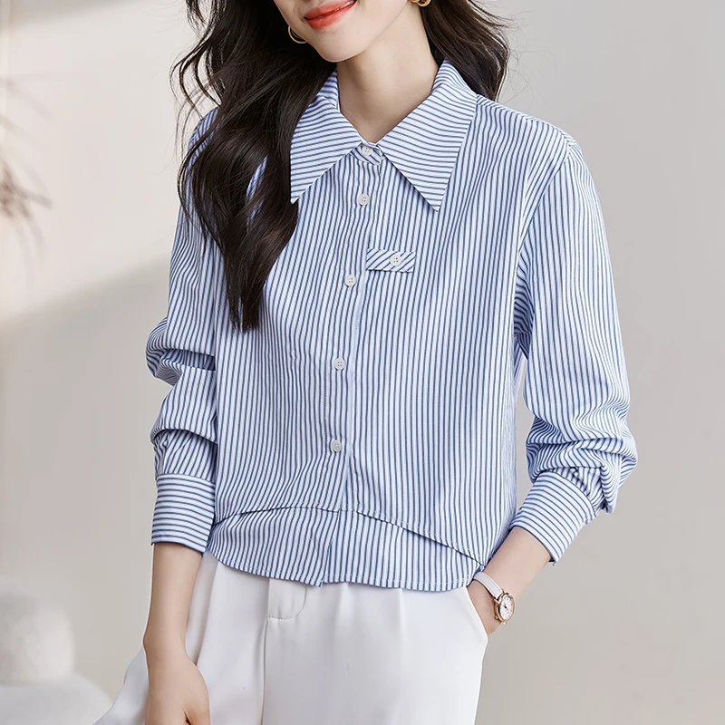 Camicia a righe urbana da donna Top streetwear moderno con camicette eleganti classiche slim fit e maniche lunghe per giovani donne