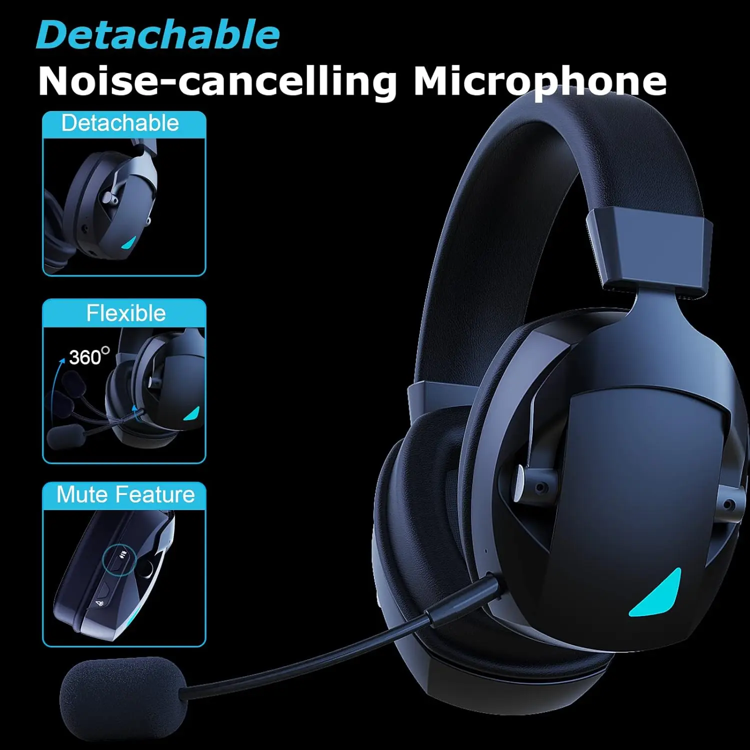 Wireless Gaming Headset with Noise Cancelling Mic 2.4G Bluetooth Headphone USB 3.5mm Wired 3 Modes for PC, PS4, PS5, Mac, Switch