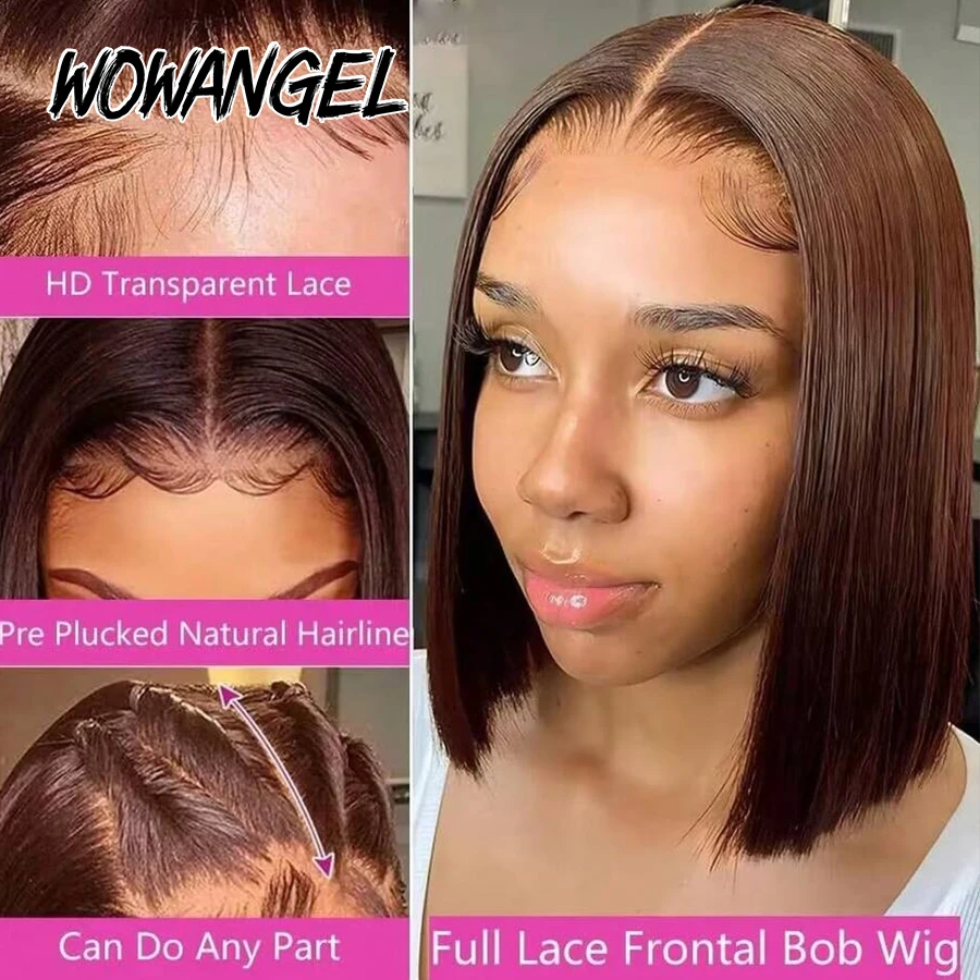 Immagine 3: # 4 Parrucca frontale completa diritta marrone cioccolato Capelli umani Pre pizzicati Parrucche corte Bob 13x6 Parrucche anteriori in pizzo HD per capelli vergini da donna
