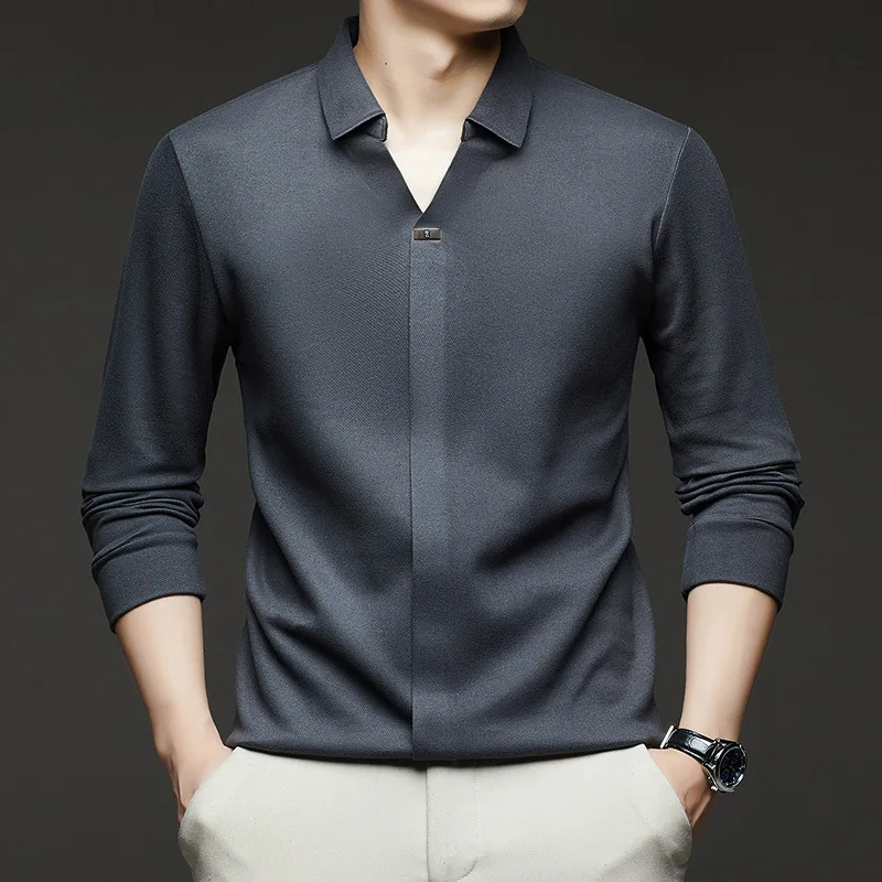 Trendy Ice Silk Elastic Scissor Neck Long Sleeved Polo Shirt with High-end Feel, Autumn Wrinkle Resistant and Iron Free Top
