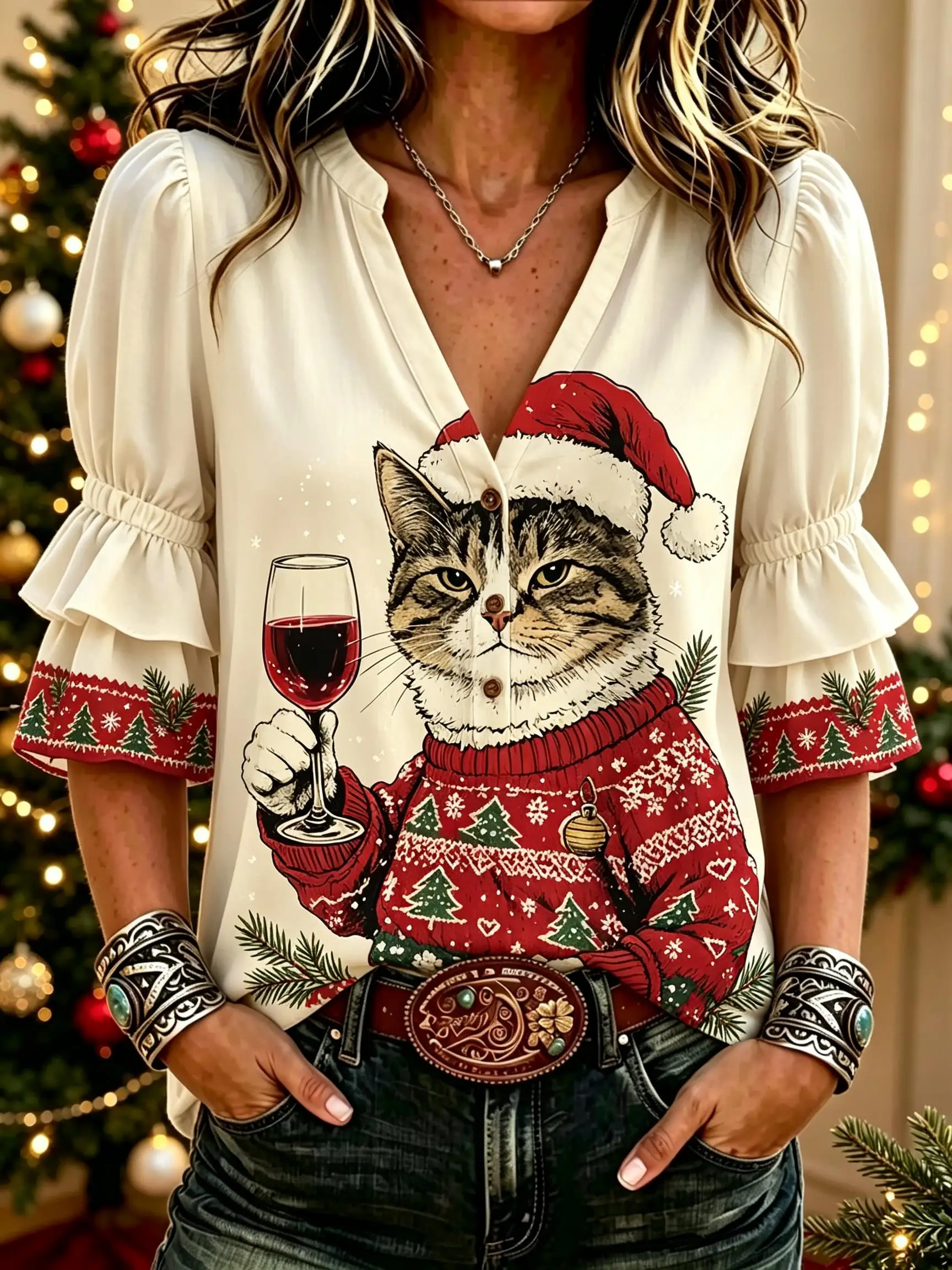 Women V‑Neck Layered Ruffle 3/4 Sleeve Blouse Cute Xmas Pet Cat Dog Rabbit Retro Christmas Holiday Print Top