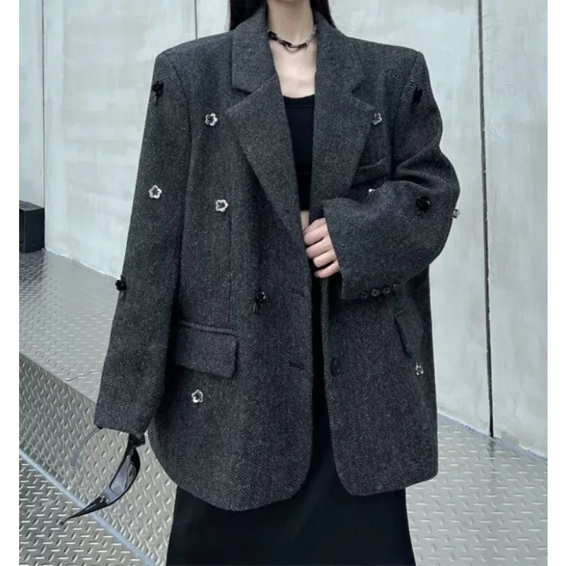 INS Beaded Herringbone Wool Suit Coat, Winter High-end Stylish and Cool, Warm Coat for Plus-size Women 300 Pounds