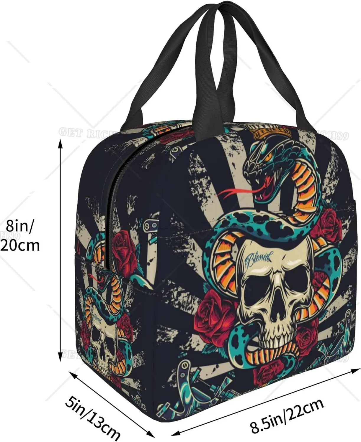 Colorful Tattoo Vintage Snake Skull King Lunch Bag for Women/Men Sandwich Bag for Picnic/Work, Large Capacity Reusable Lunch Box