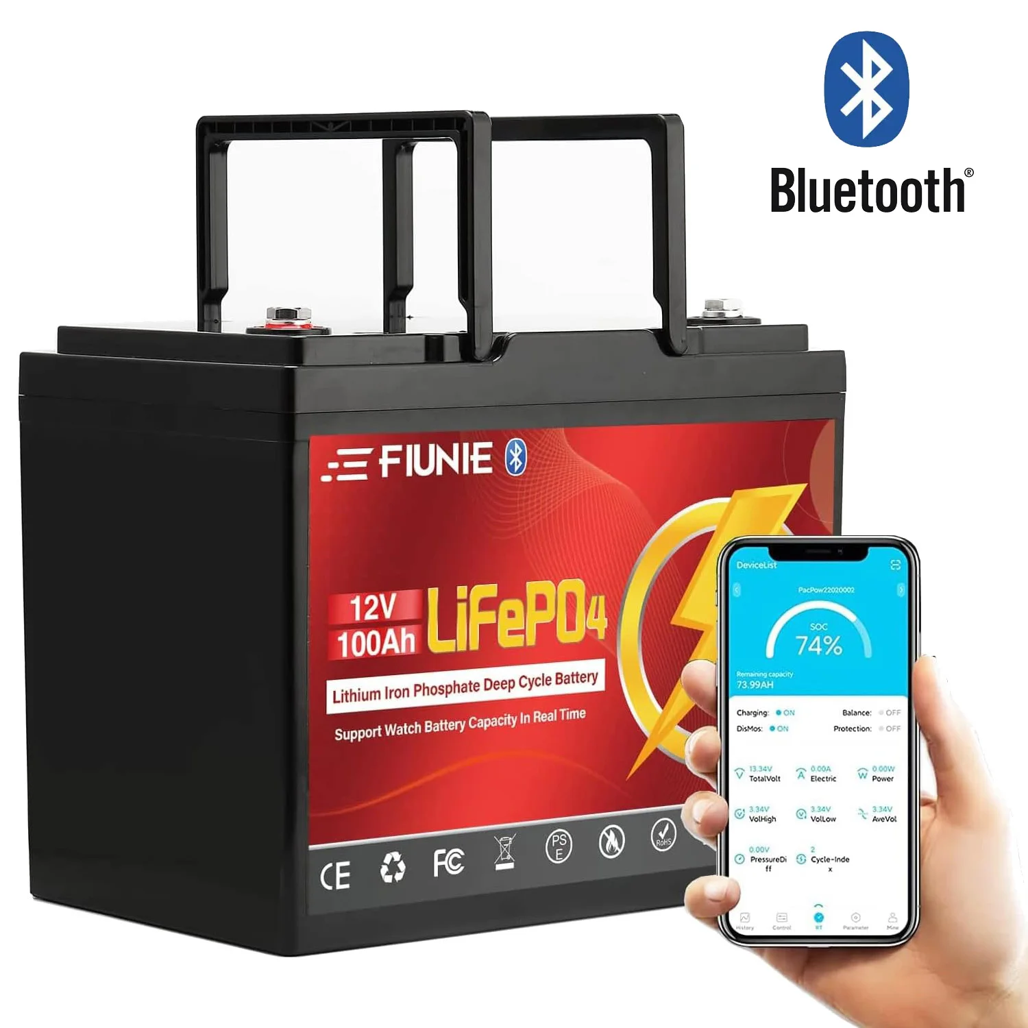 Fiunie 12V 100AH LiFePO4 Battery with Bluetooth BMS Lithium 6000 Cycles RV Solar Energy Storage Boat Yacht