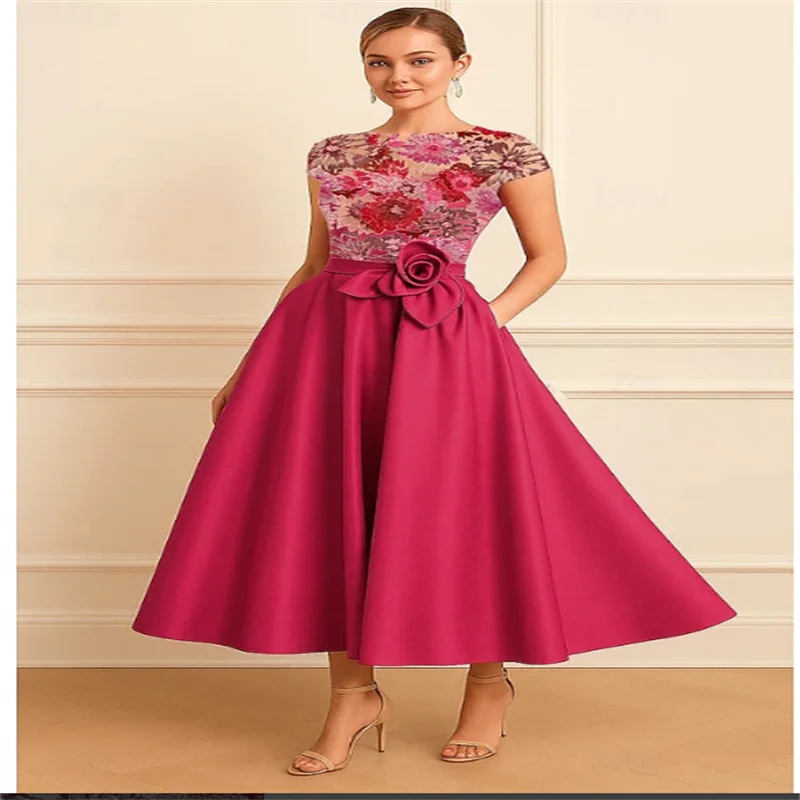 Aangepaste rode elegante moeder van de bruidsjurken theelengte bruiloftsgastjurken ronde hals moederjurken korte mouwen bloem