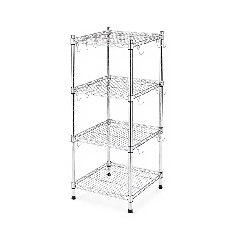 Chrome Plated 4 Tier Adjustable Vertical Steel Wire Rack with Hooks for Kitchen Bathroom Living Room Shoe Tool Food Storage