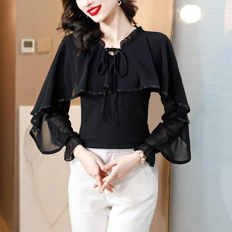 Commute Vintage Cloak Shirt Women\'s Clothing O-Neck Elegant Ruffles Spliced Spring Autumn Slim Chic Sequined Drawstring Blouse