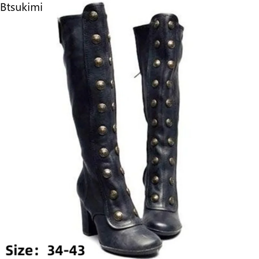 Retro Black Fashion Rivet Decor Boots Chunky Heels Knee High Slip on Shoes for Women Knight Boots  Autumn Zapatos Para Mujere