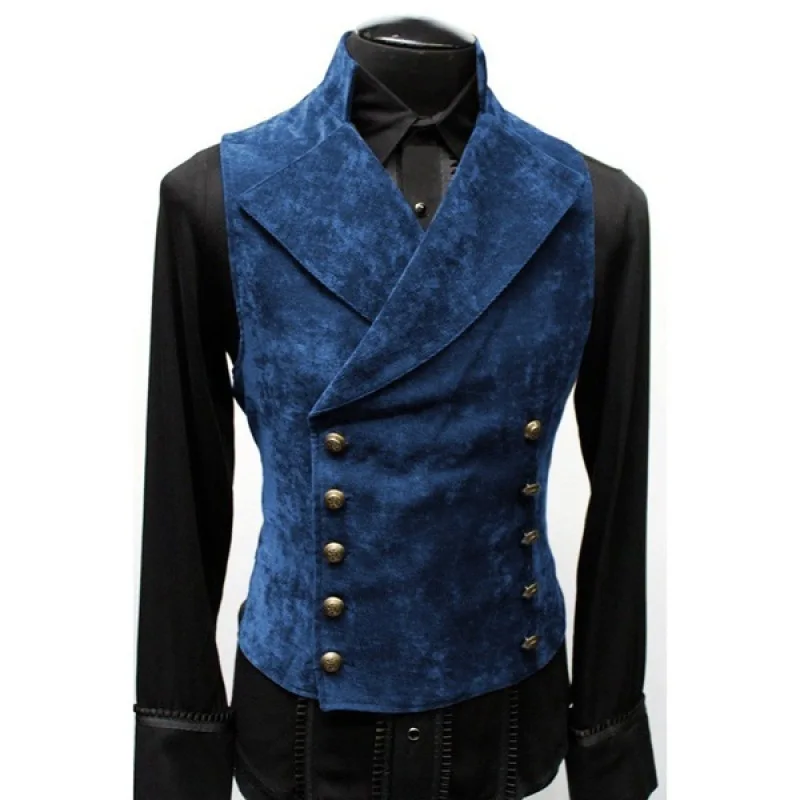 Men Edwardian Renaissance Steampunk Vest Slim Fit Blue Waistcoat Vintage Gothic Medieval Costume Sleeveless Double Breasted Vest