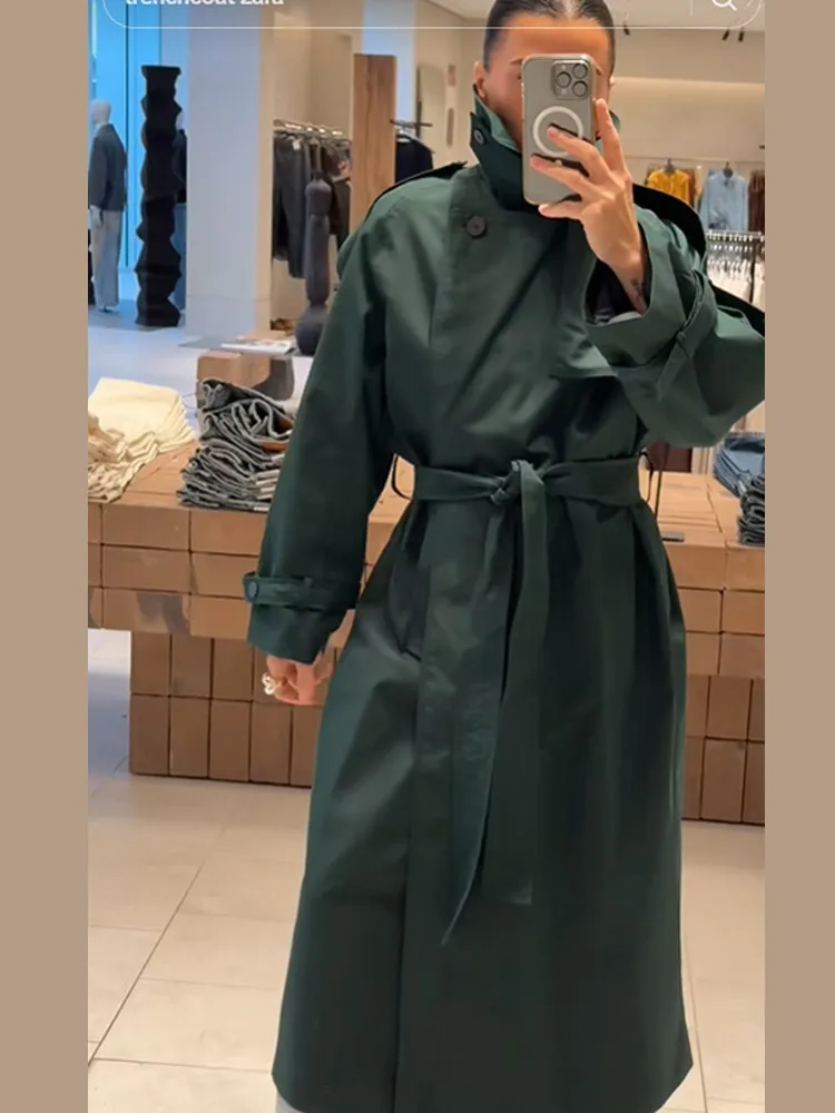 Women Green Long Trench Coat Fashion Full Sleeve Lace Up High Collar Oversized Jacket 2025 Autumn Winter Lady Street Windbreaker