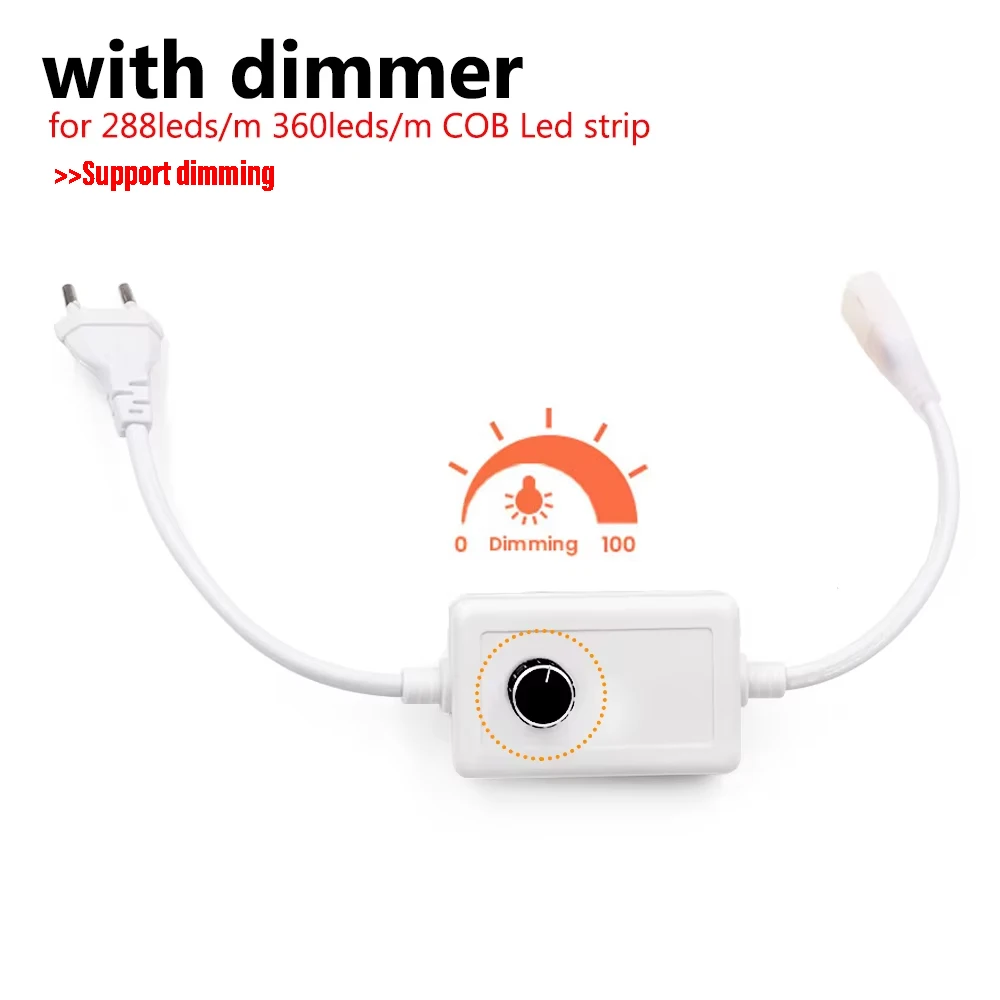 AC220V Power Plug Supply With Dimmer Switch Power Cord EU/UK Plug Wire For COB LED Strip Light Single Color 288Led/m 360Led/m