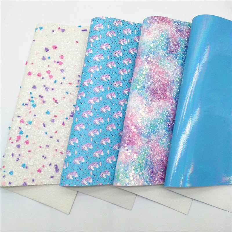 Hearts Glitter Leather Sheets Rainbow Glitter Faux Fabric Unicorns Printed Leather Iridescent Leather For Bows DIY 21x29CM Q1060