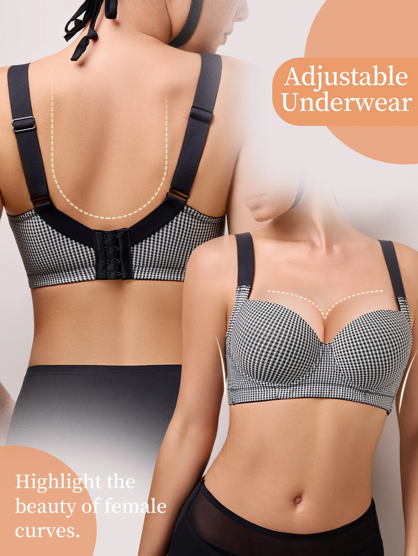 حمالة صدر منقوشة بالشبكة مع دعم رفع لمنع الترهل، قابلة للتعديل لملائمة مخصصة، مريحة ضد الجلد،