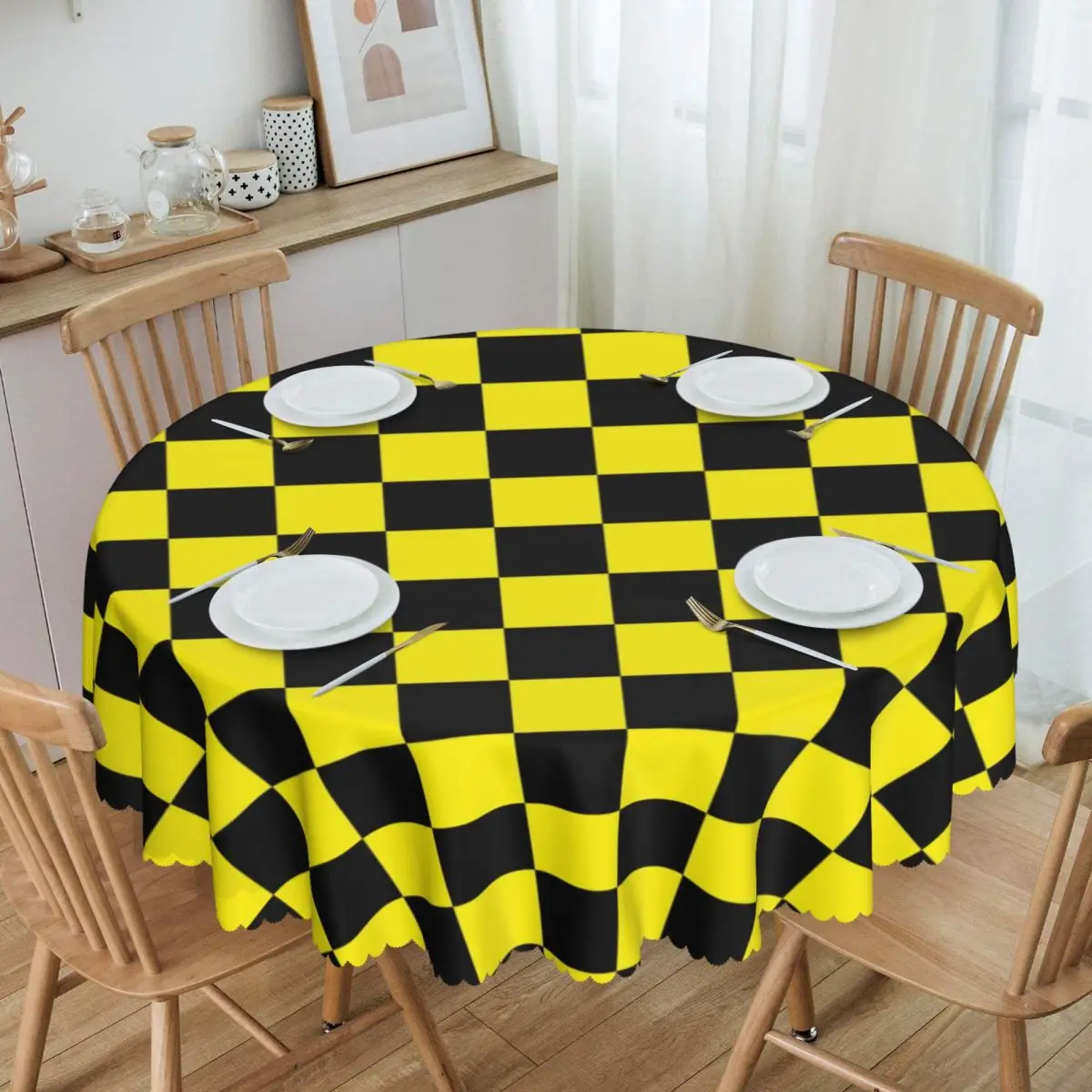 Customized Round Yellow Black Checkered Pattern Tablecloth 60 inch Kitchen Dinning Table Cloth Spillproof Table Covers