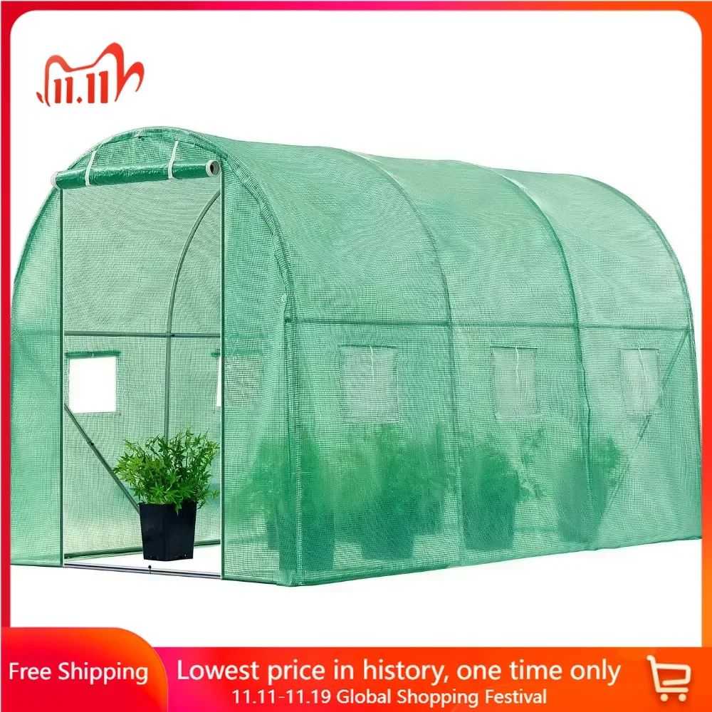 Greenhouse, 10x7x7 Ft. Walk in Tunnel Plant Hot House with Green PE Cover, Roll-up Zipper Door for Outdoor, Green House