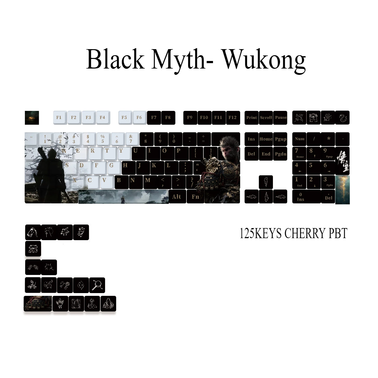 Keycap Black Myth - Wukong 125Keys Front And Side Engraved Translucent Keycaps Cherry Pbt Game Peripheral Diy Black Keycaps