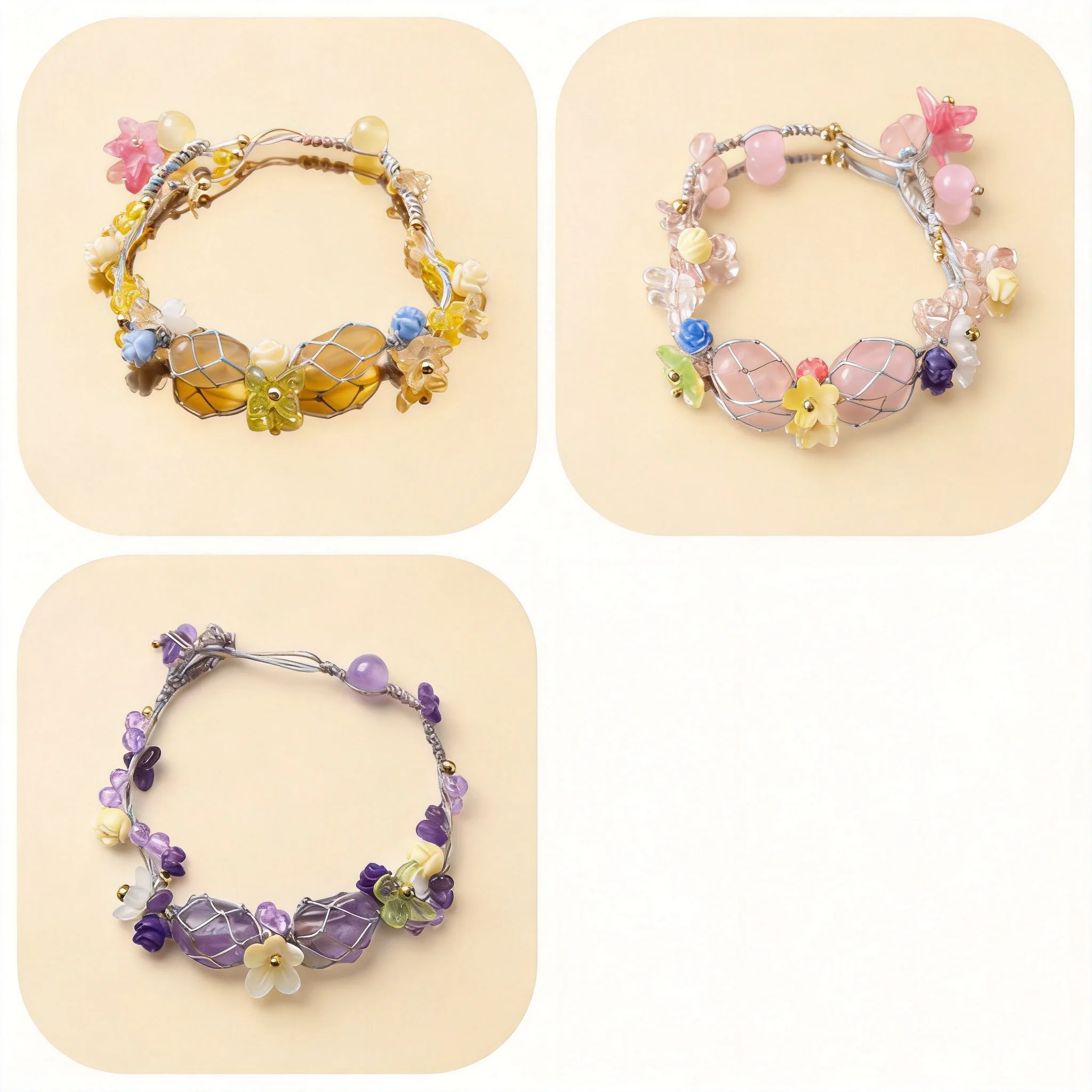 Chinese Style Lucky Wish Raw Stone Net Woven Colorful Flower Adjustable Bracelet For Women Taro Purple Sunny Yellow Peach Pink