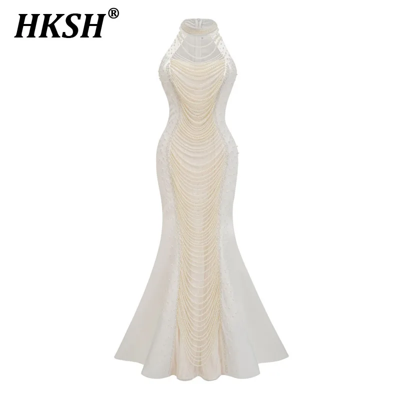 HKSH Women's Tide Elegant Dress Heavy Nail Bead Slim Dress Round Neck Sleeveless Design Showcasing Figure Company Annual HK3710