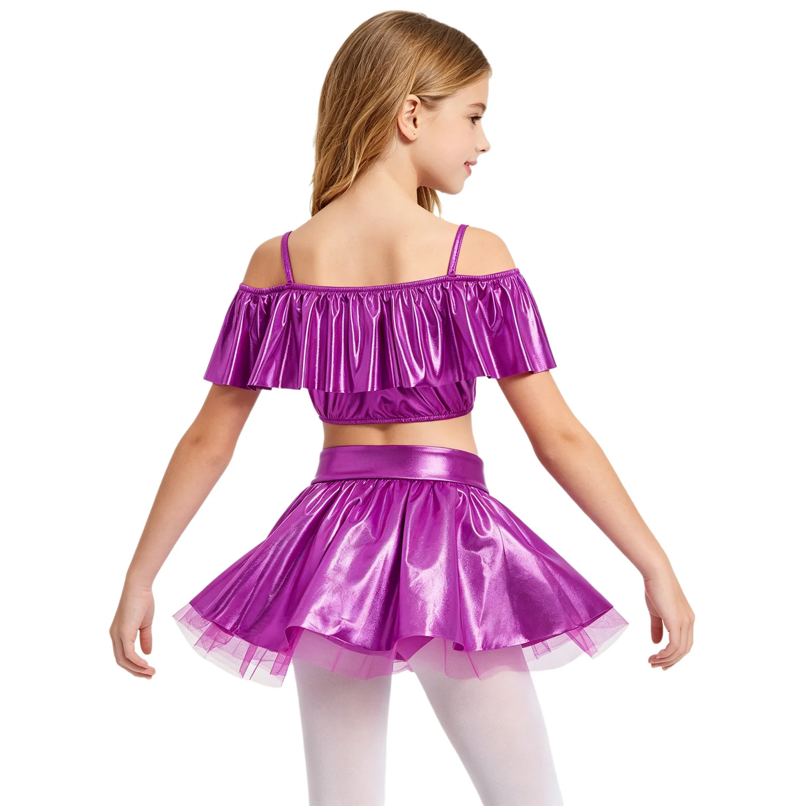 Kids Girls Metallic Shiny Hip Hop Jazz Dance Outfit Spaghetti Straps Ruffles Crop Top with Skirt School Cheerleading Dancewear