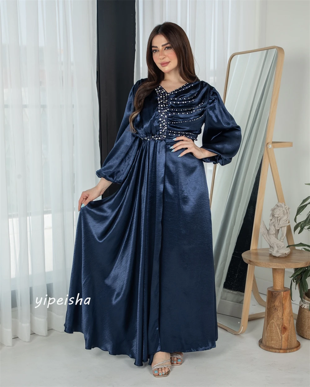 Robe Longue en Satin à Paillettes pour Femme, Vêtement avec Perles, Froncée, Ligne A, Col en V, sur Mesure, pour Occasions