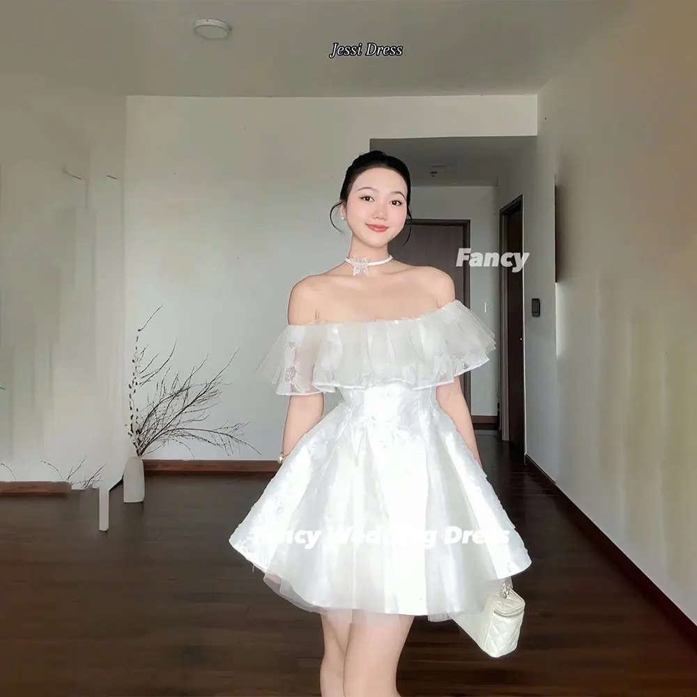 Fancy Princess A Line Korea Wedding Dress Photo Shoot Off Shoulder Soft Satin Evening Party Dresses Back Corset Customized