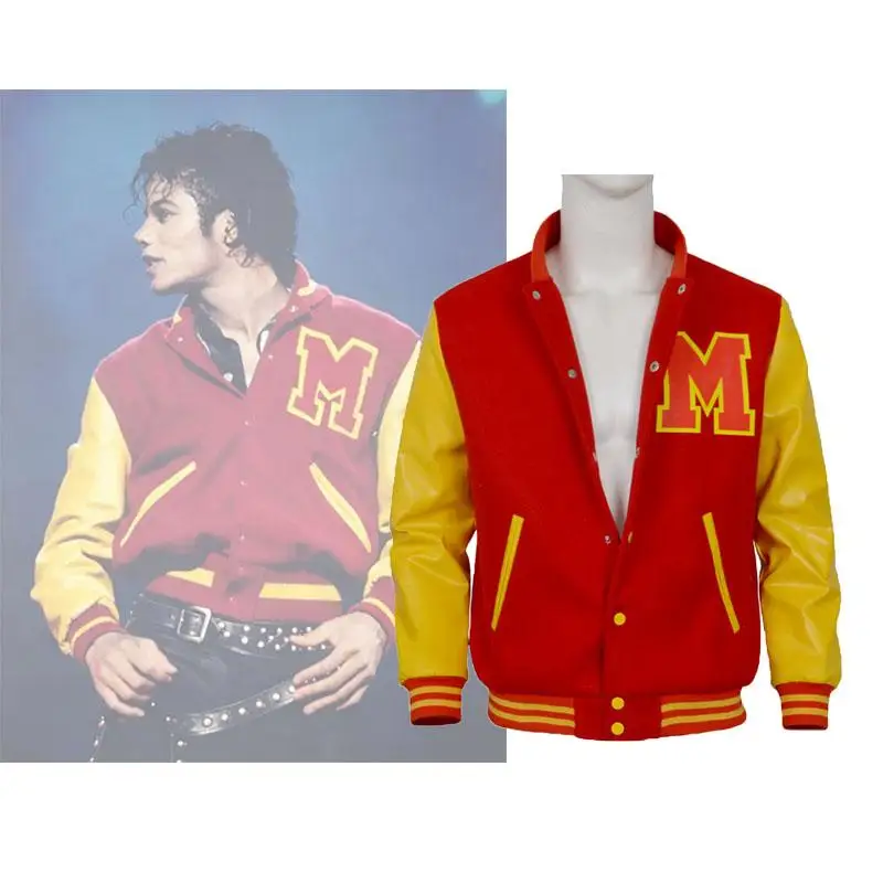Herren-Cosplay-Jacke für Michael Jackson Cosplay, rot-gelbe Colorblock-Varsity-Bomberjacke, Cosplay-Kostüm, Bühnen- und Alltagsoutfits
