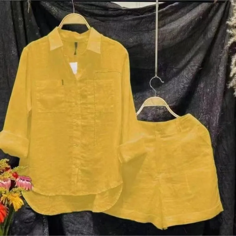 Conjunto de camisa e shorts brancos manga comprida feminina, linho de algodão, moda casual em casa, Primavera, 2 peças, 2024