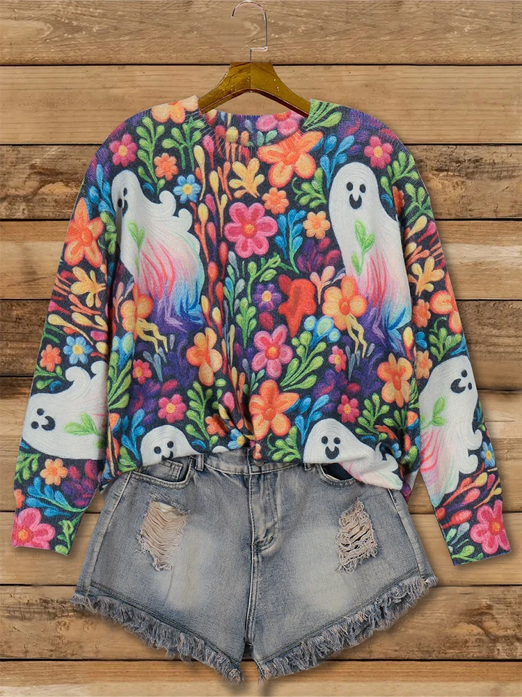 

Plus Size Halloween Ghost and Flower Pattern Sweater, Casual Crew Neck Long Sleeve Pullover for Autumn and Winter