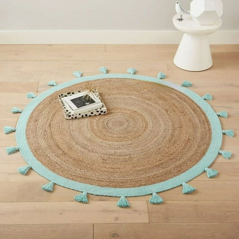 

Rug Round Tussle Turquoise 100% Natural Farmhouse Jute Hand Braided Design Jute Rugs for Bedroom