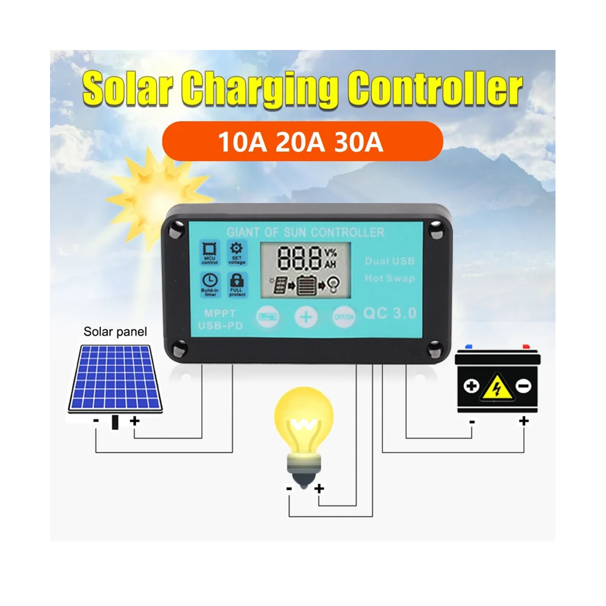 MPPT Solar Charge Controller Multiple Protection Solar Solar QC3.0 Controller with LCD Screen(10A)