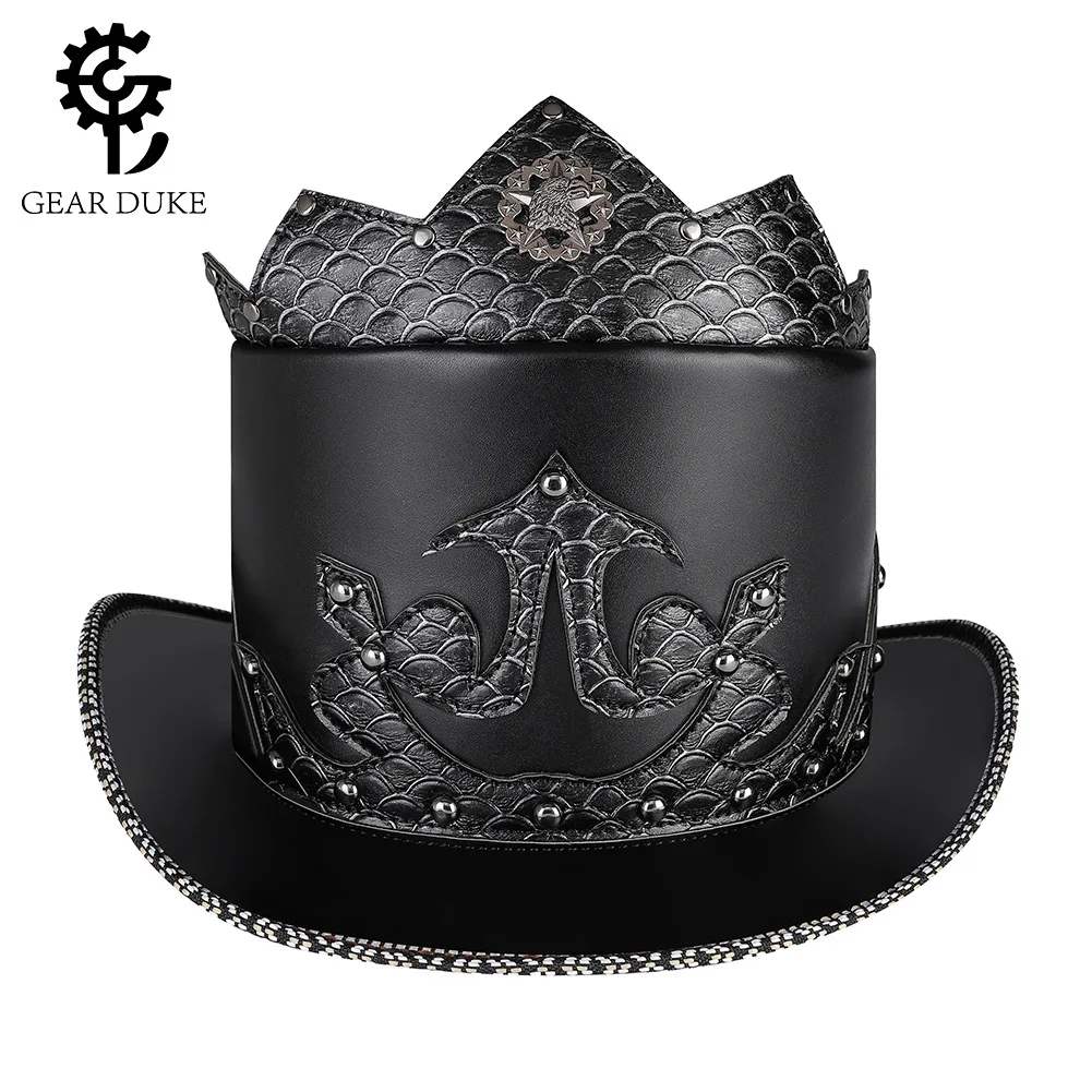 Performance Gentleman Fedora Streampunk Pu Leather Black Patchwork Rivet Crown Decorative Cap Plague Doctor Dome Magic Hat