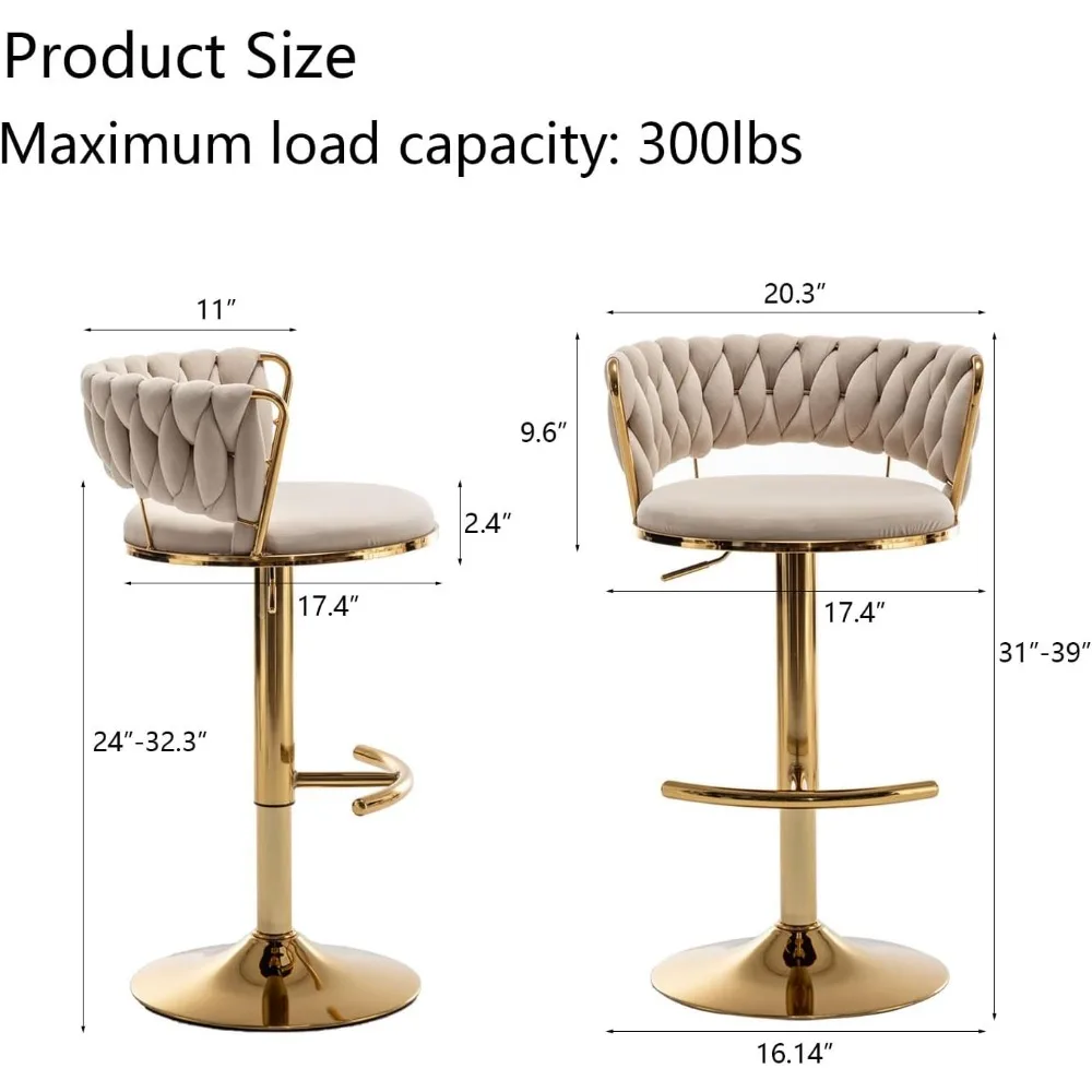 Gold Velvet Bar Stools Set of 4, Counter Height Bars Stools with Low Back, Swivel Bars Stool for Kitchen Island, Bar Pub