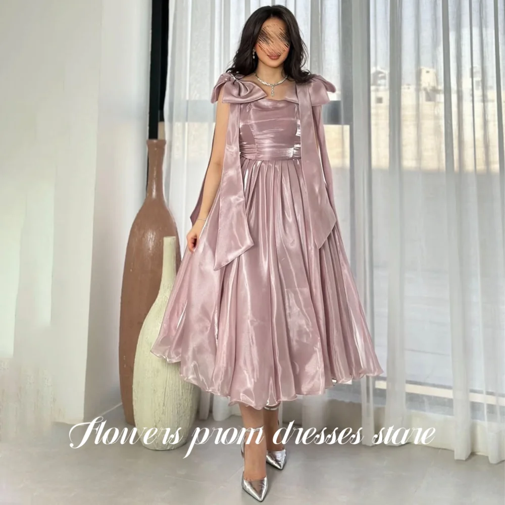

Flowers Light Pink Bow Party Dress Sleeveless A-Line Evening Dress Crepe Tank Prom Dress with Train vestidos de novia Customized