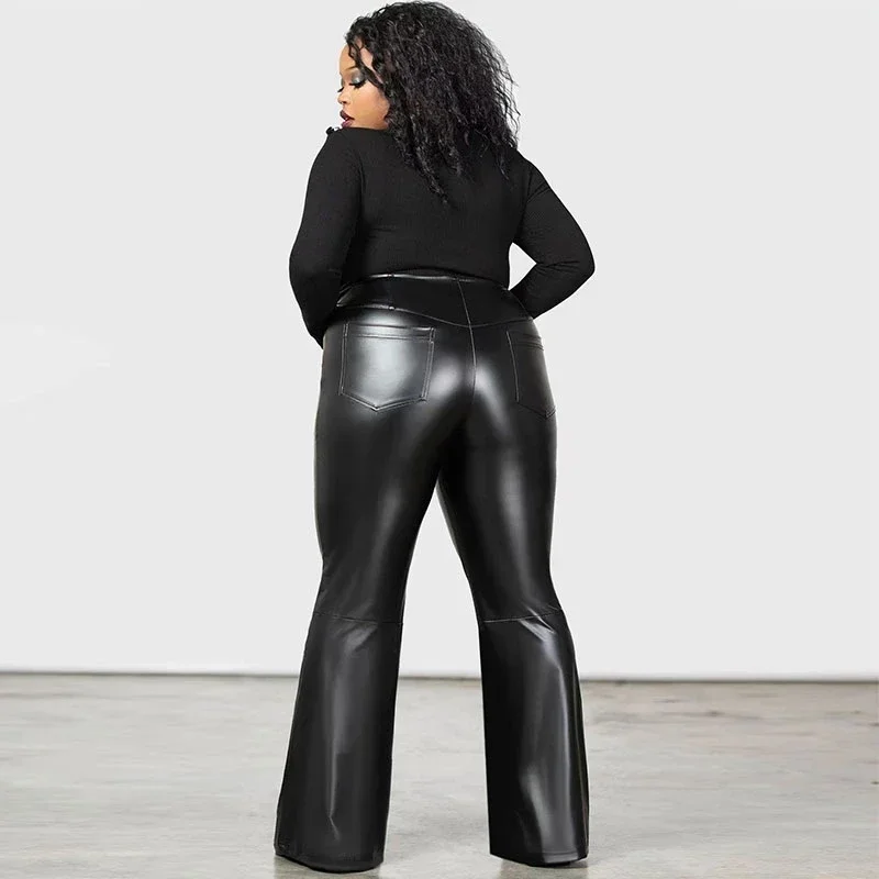 

Plus Size Stretch Bodycon Pu Trousers 7XL Women High Waist Black Faux Leather Flare Pants Custom 6XL Office Lady Slim Pants New