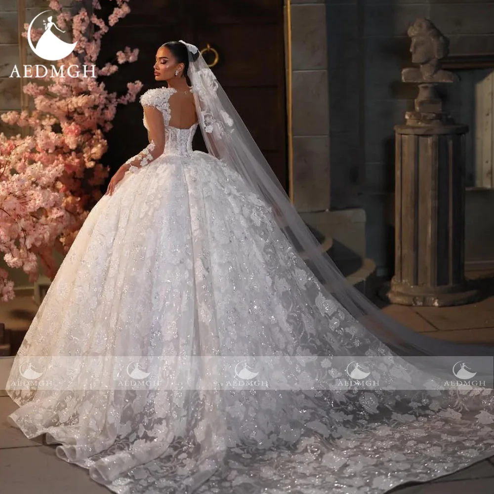 Aedmgh Ball Gown Royal Wedding Dresses Sweetheart Long Sleeve Vestido De Novia Lace Embroidery Luxury Custom Made Bridal Gowns