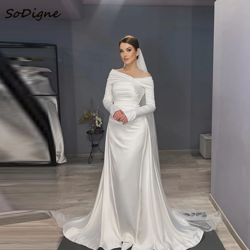 

SoDigne Mermaid Muslim Satin Wedding Dresses Off Shoulder Full Sleeves Bridal Dress Wedding Gown Robe De Mairee ﻿Customized