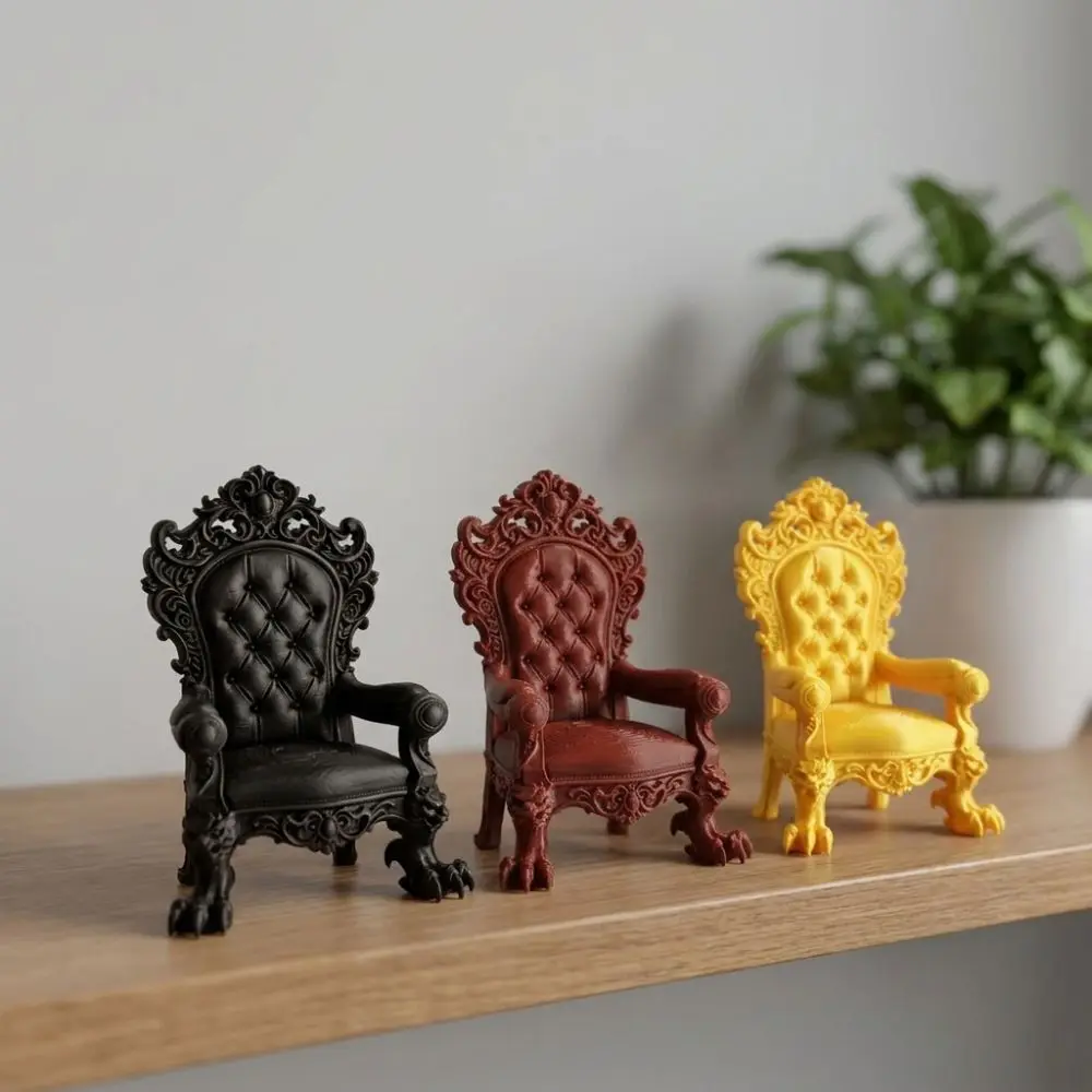 3D Printed Mini Gothic Throne Display Chair Vintage Embossed Carved Luxury Throne Stand Claw Legs Imitation Cushion Back